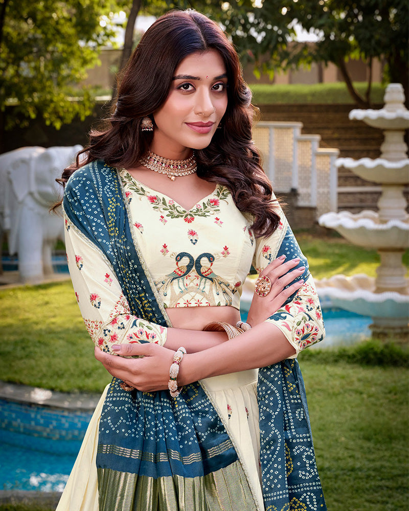 Peacock Shape Off-White Color Cotton Lehenga Choli - ETHNICDEAL