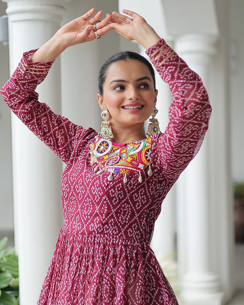 Maroon Bandhani Style Peplum Choli With Kora Cotton Lehenga - ETHNICDEAL