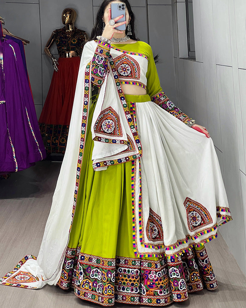 Parrot White Color Pure Rayon Cotton Navratri Lehenga Choli - ETHNICDEAL