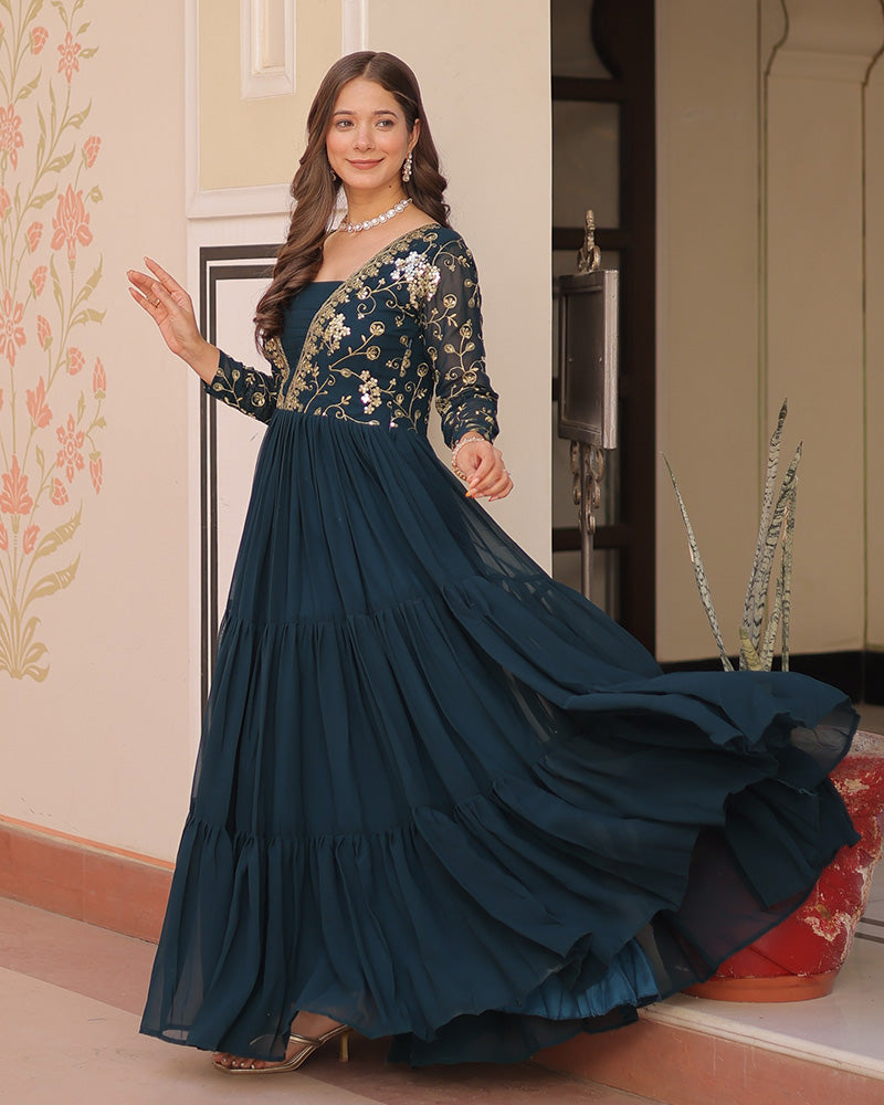 Elegant Rama Floor-Length Gown With Golden Threadwork - ETHNICDEAL