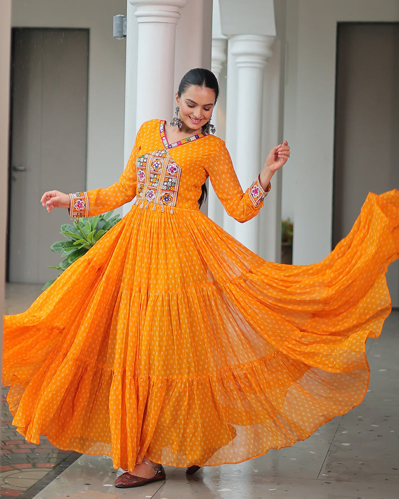 Yellow Color Georgette Bandhani Print Navratri Gown - ETHNICDEAL