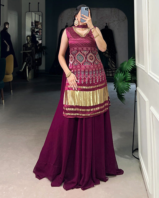 Maroon Color Gaji Silk Three Piece Plazo Suit - ETHNICDEAL
