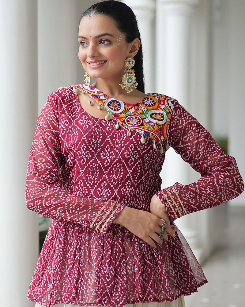 Maroon Bandhani Style Peplum Choli With Kora Cotton Lehenga - ETHNICDEAL