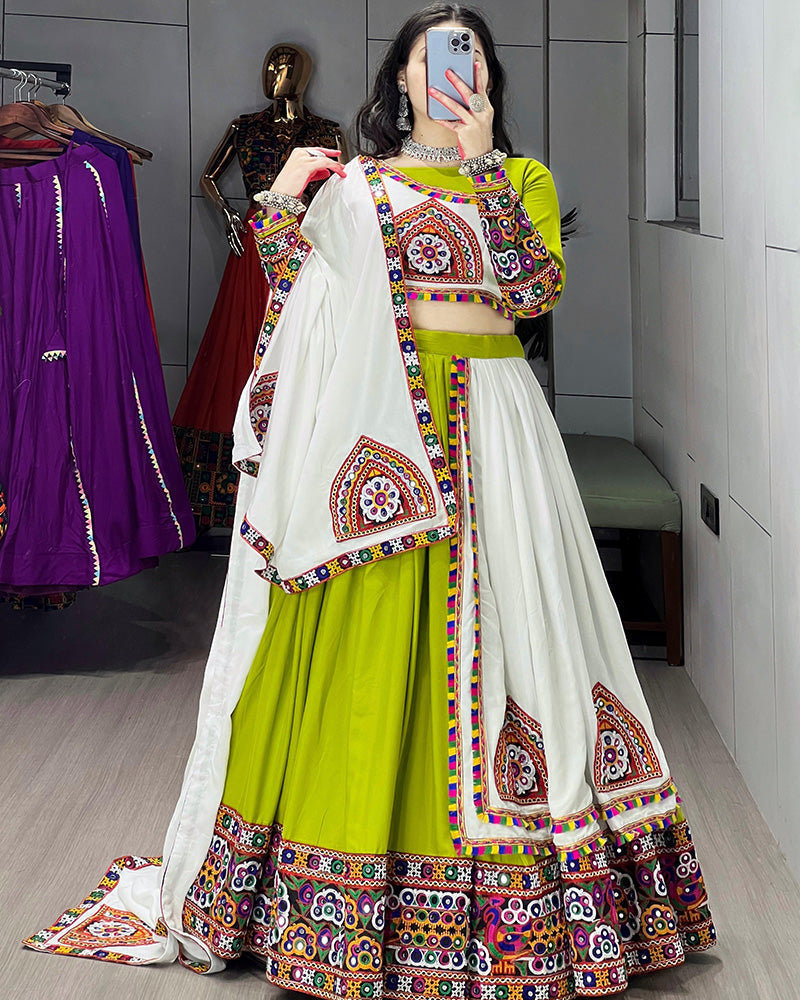 Parrot White Color Pure Rayon Cotton Navratri Lehenga Choli - ETHNICDEAL
