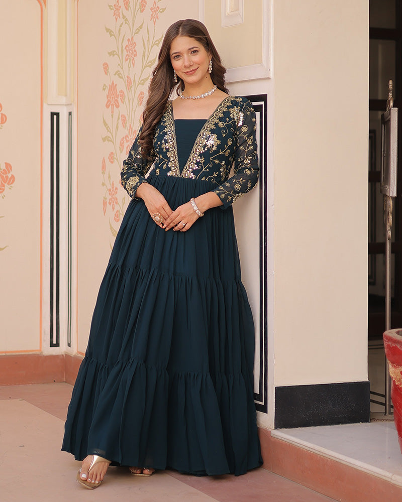 Elegant Rama Floor-Length Gown With Golden Threadwork - ETHNICDEAL
