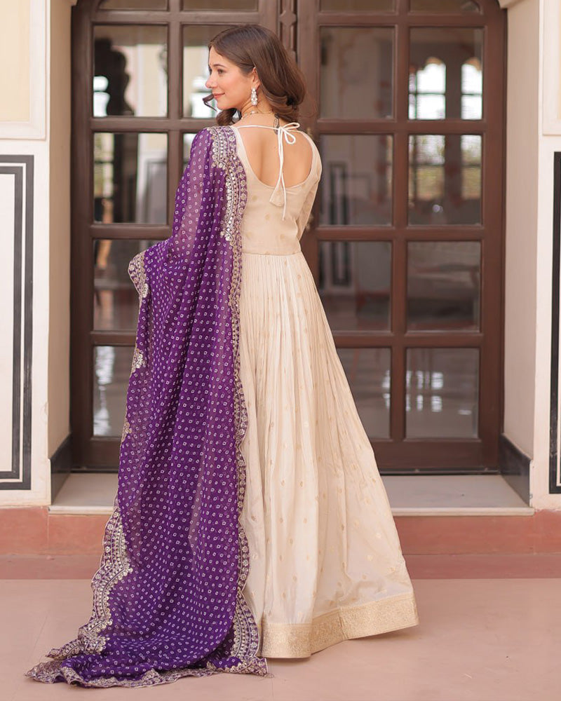 Off-White Color Jacquard Gown With Purple Dupatta - ETHNICDEAL