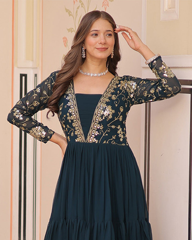 Elegant Rama Floor-Length Gown With Golden Threadwork - ETHNICDEAL