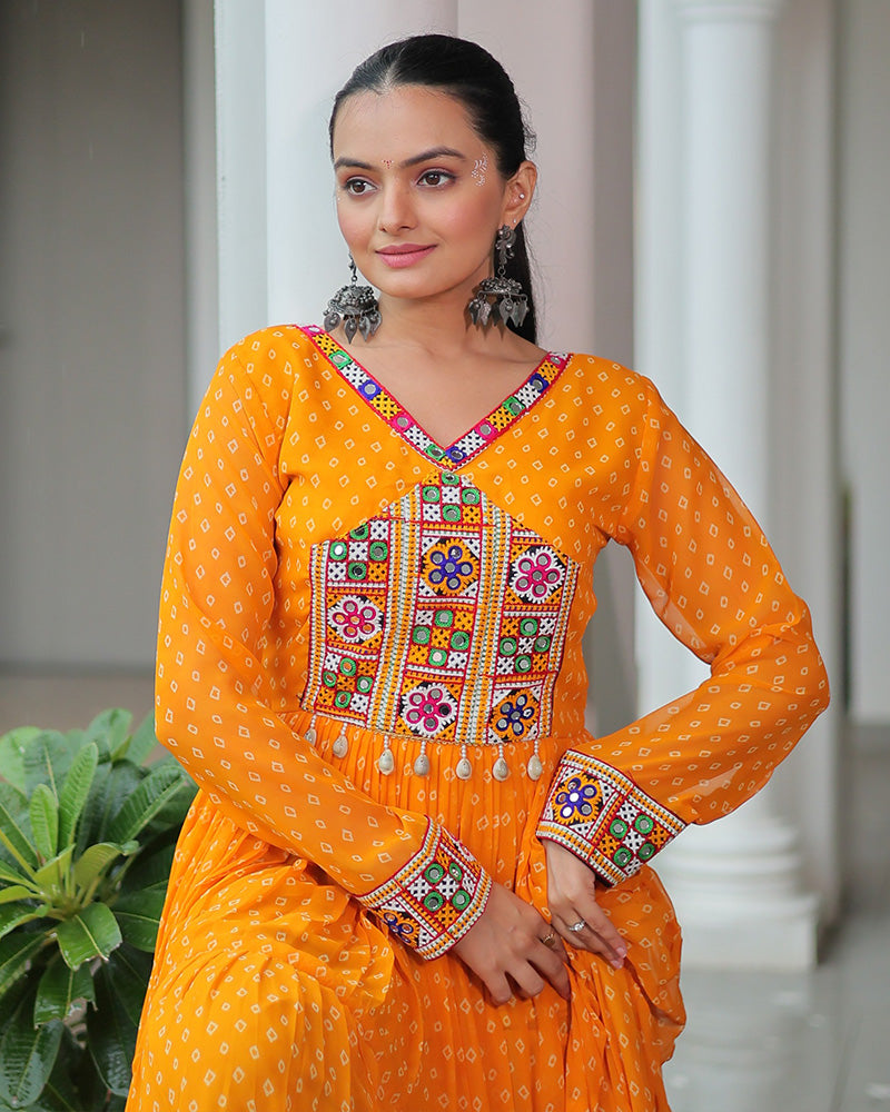 Yellow Color Georgette Bandhani Print Navratri Gown - ETHNICDEAL