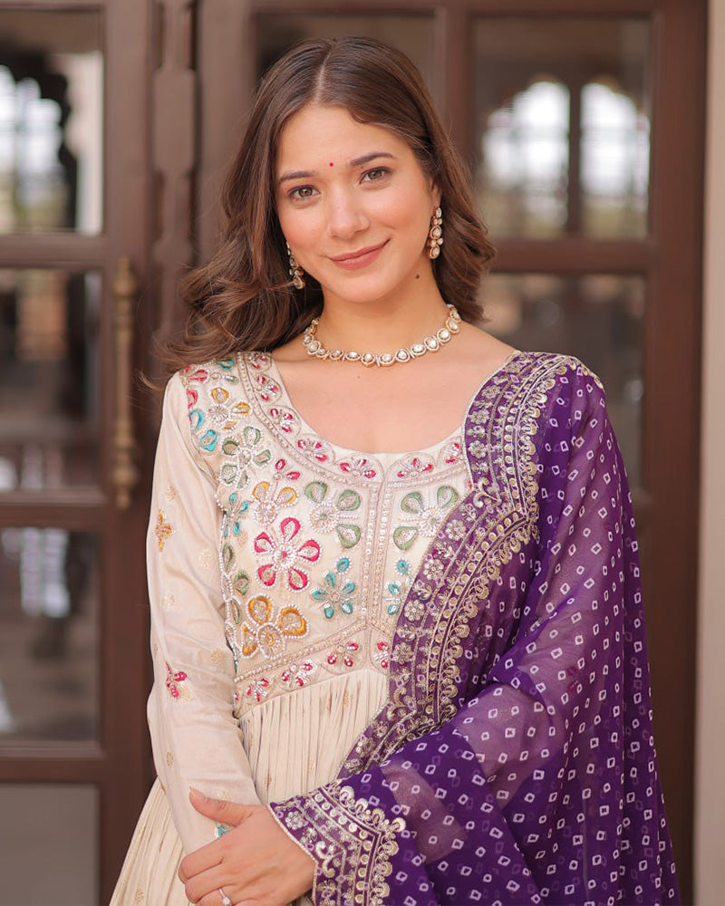Off-White Color Jacquard Gown With Purple Dupatta - ETHNICDEAL
