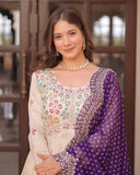 Off-White Color Jacquard Gown With Purple Dupatta - ETHNICDEAL