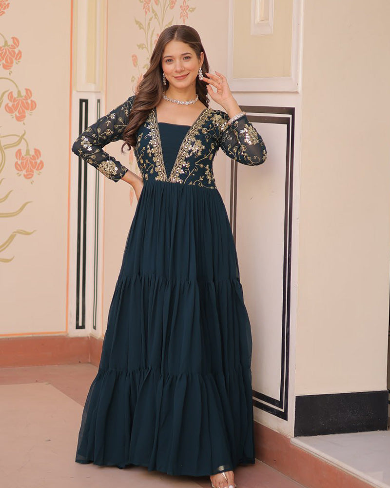 Elegant Rama Floor-Length Gown With Golden Threadwork - ETHNICDEAL