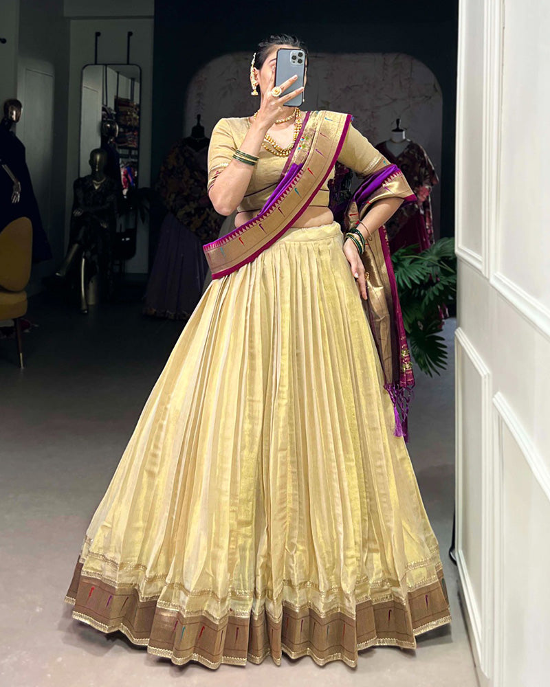 Cream Color Erode Paithani Silk Lehenga Choli - ETHNICDEAL