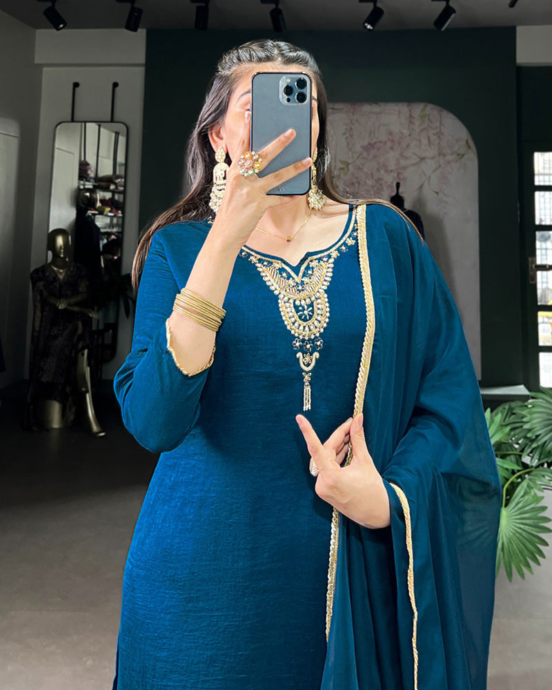 Blue Color Vichitra Silk Three Piece Kurti Suit - ETHNICDEAL