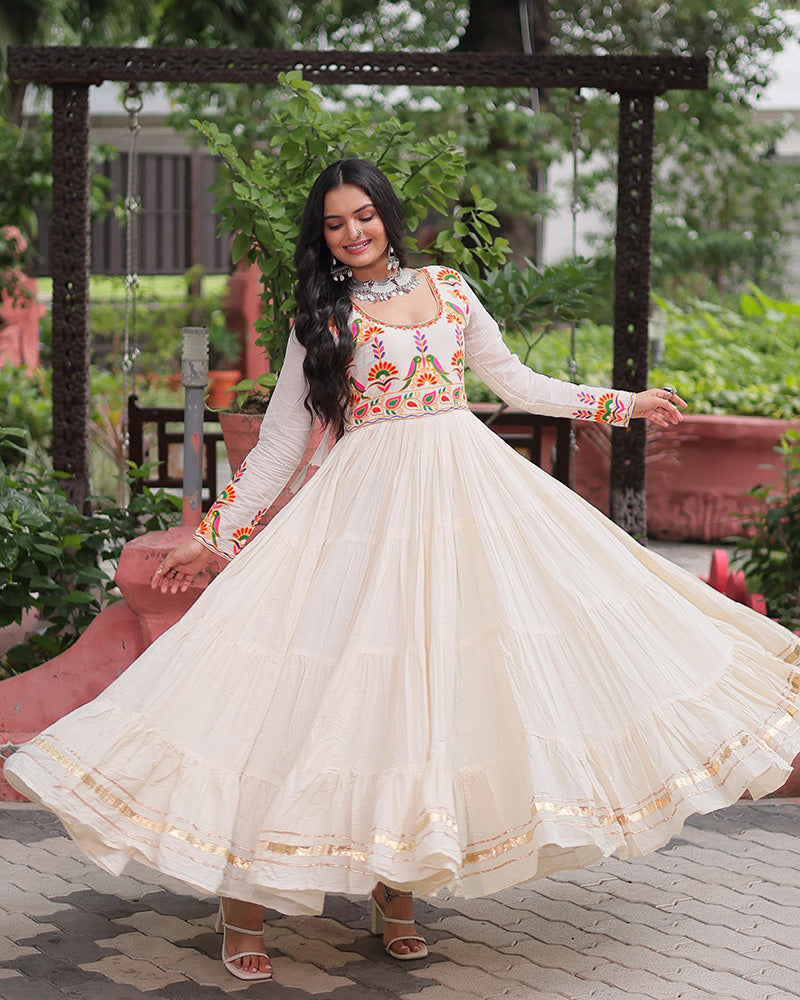 Off-White Kora Cotton Mirror-Embroidered Flared Navratri Gown - ETHNICDEAL