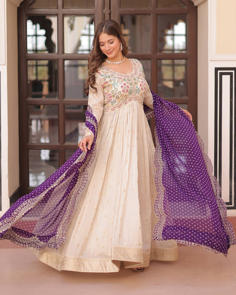 Off-White Color Jacquard Gown With Purple Dupatta - ETHNICDEAL
