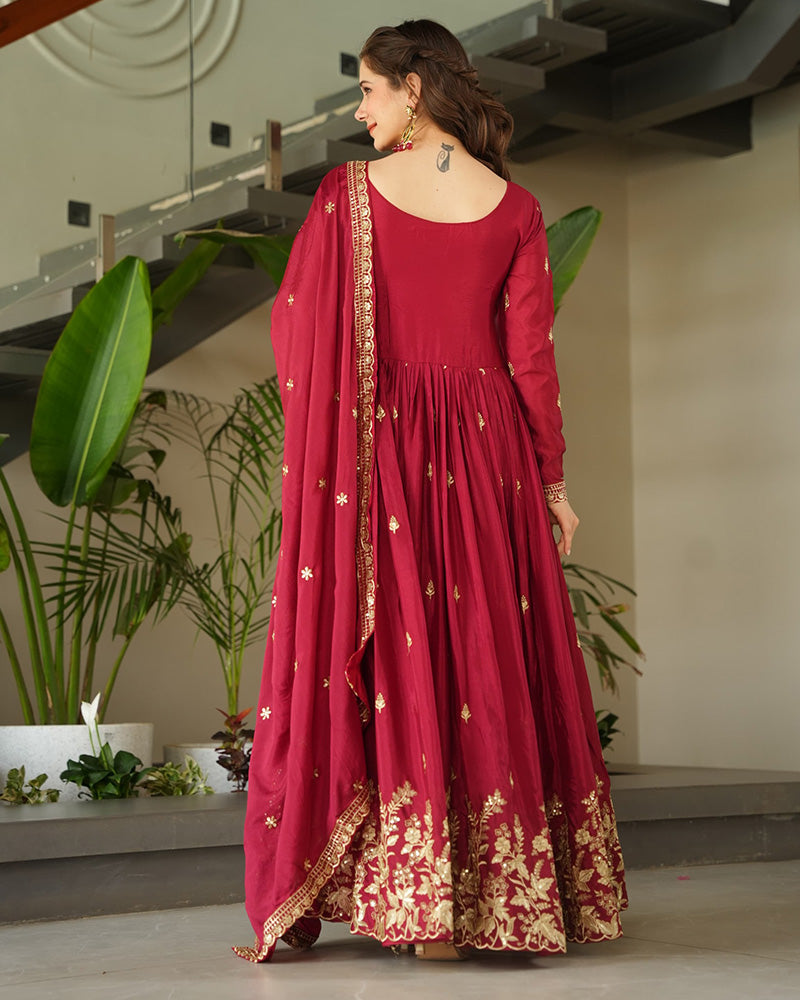 Red Color Chinnon Sequence Embroidered Gown - ETHNICDEAL