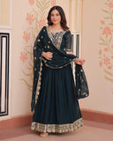 Designer Rama Blue Anarkali Gown with Golden Embroidery - ETHNICDEAL