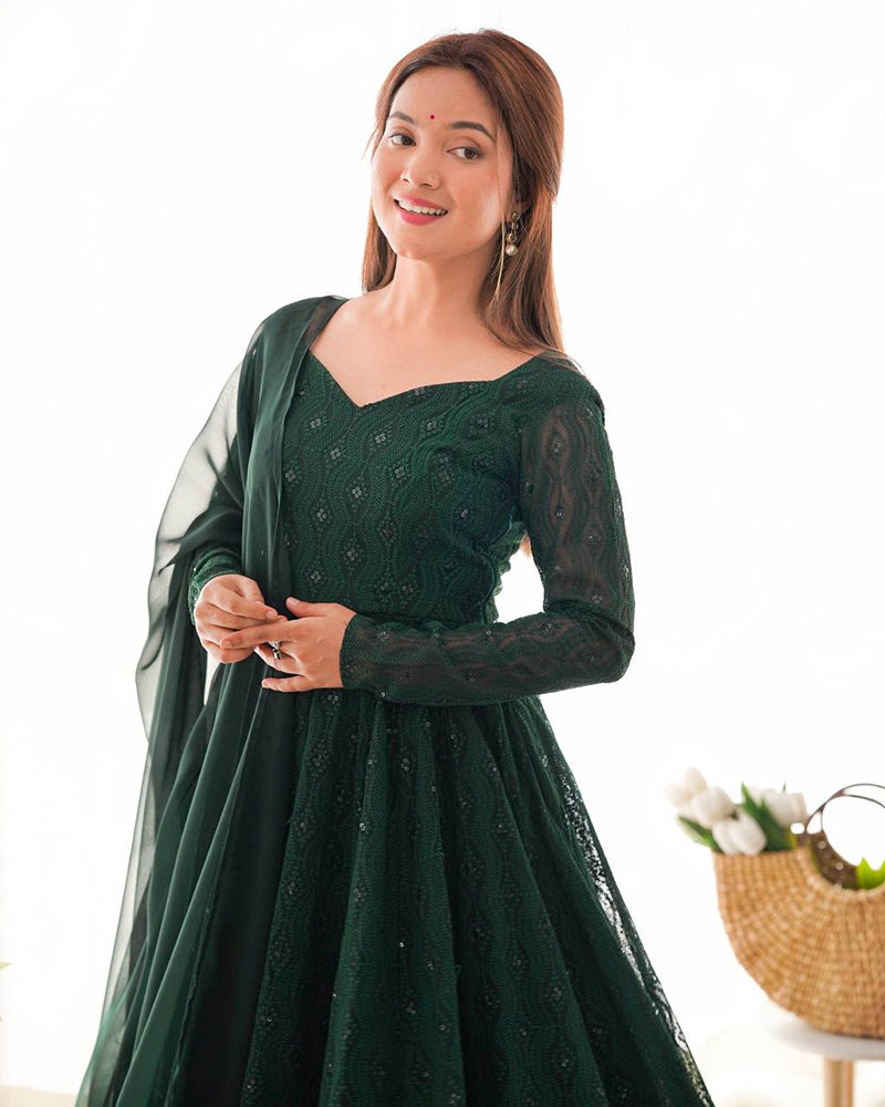 Green Color Georgette Lucknowi Three Piece Anarkali Suit - ETHNICDEAL