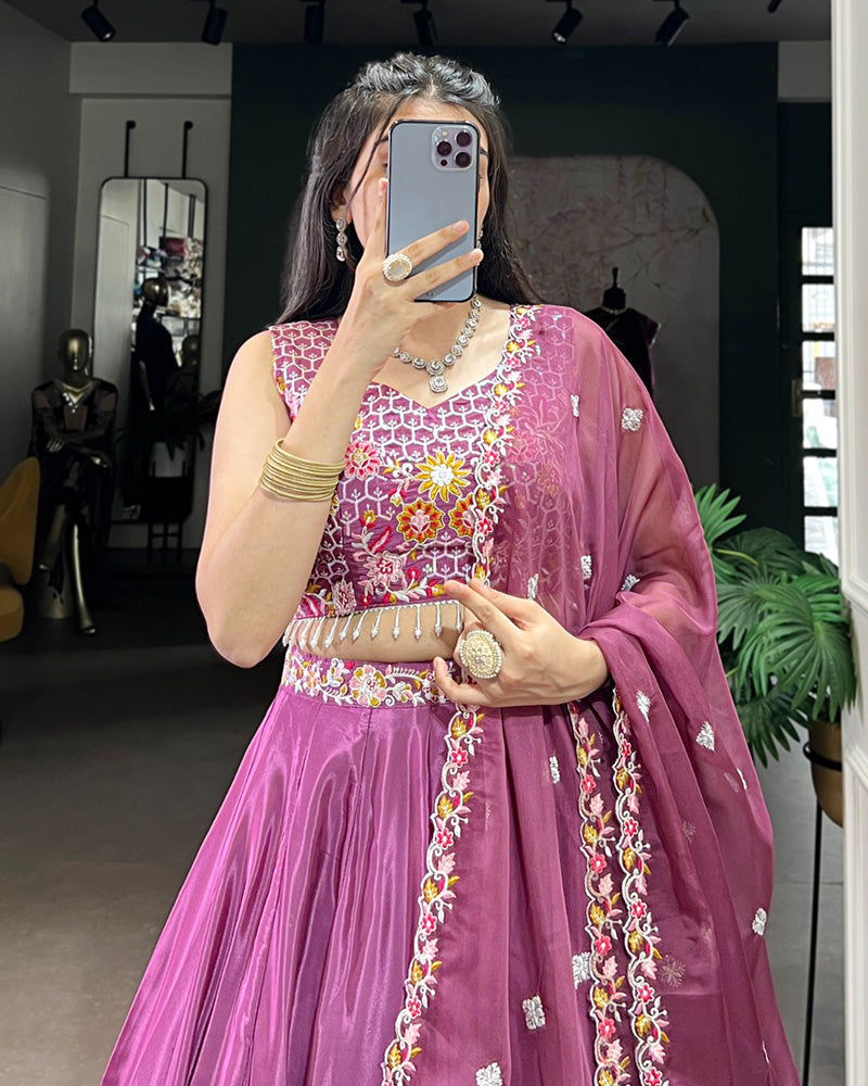 Mauve Pink Color Silk Crape Lehenga Choli - ETHNICDEAL