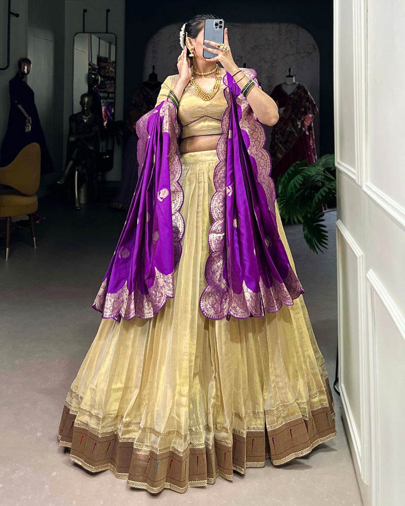 Cream Color Erode Paithani Silk Lehenga Choli - ETHNICDEAL