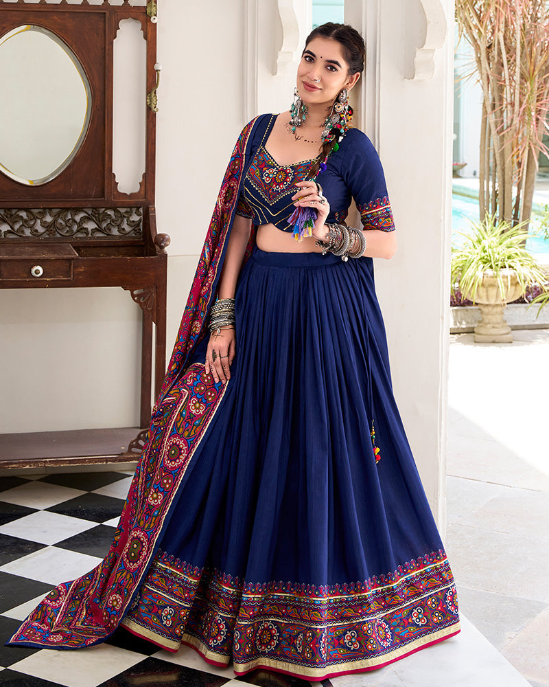 Navy Blue Color Tussar Silk Full Stitched Navratri Lehenga Choli - ETHNICDEAL