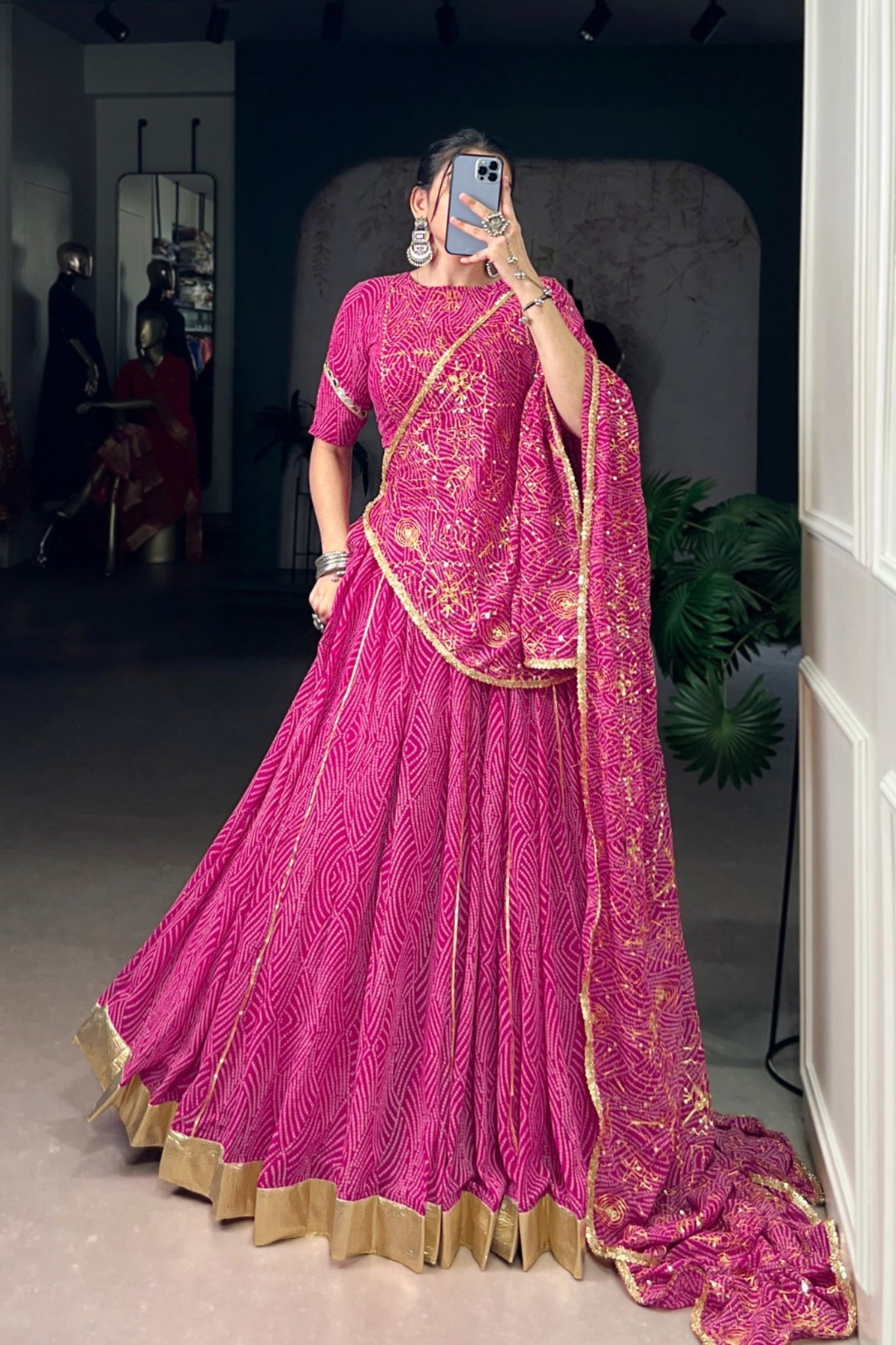 Vibrant Bandhej Print Designer Georgette With Mirror Work Lehenga Choli Set For Wedding And Navratri - ETHNICDEAL