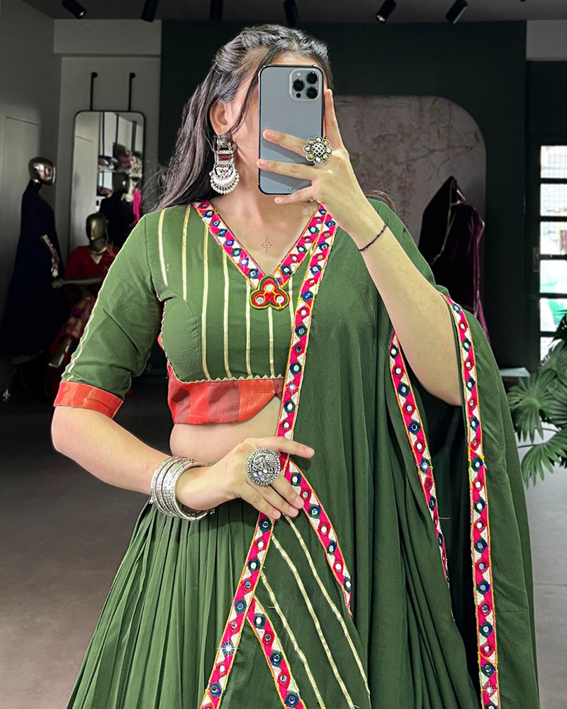 Traditional Mehndi Color Rayon Lehenga Choli for Navratri and Garba - ETHNICDEAL