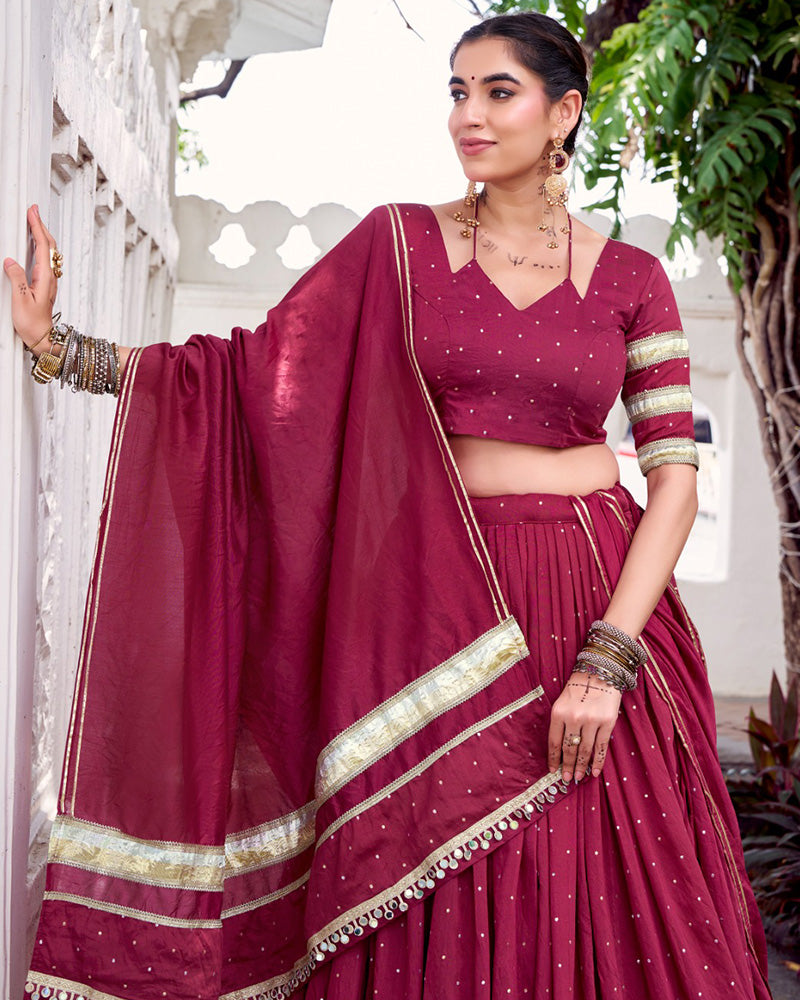 Classic Maroon Color Pure Chanderi Navratri Lehenga Choli - ETHNICDEAL