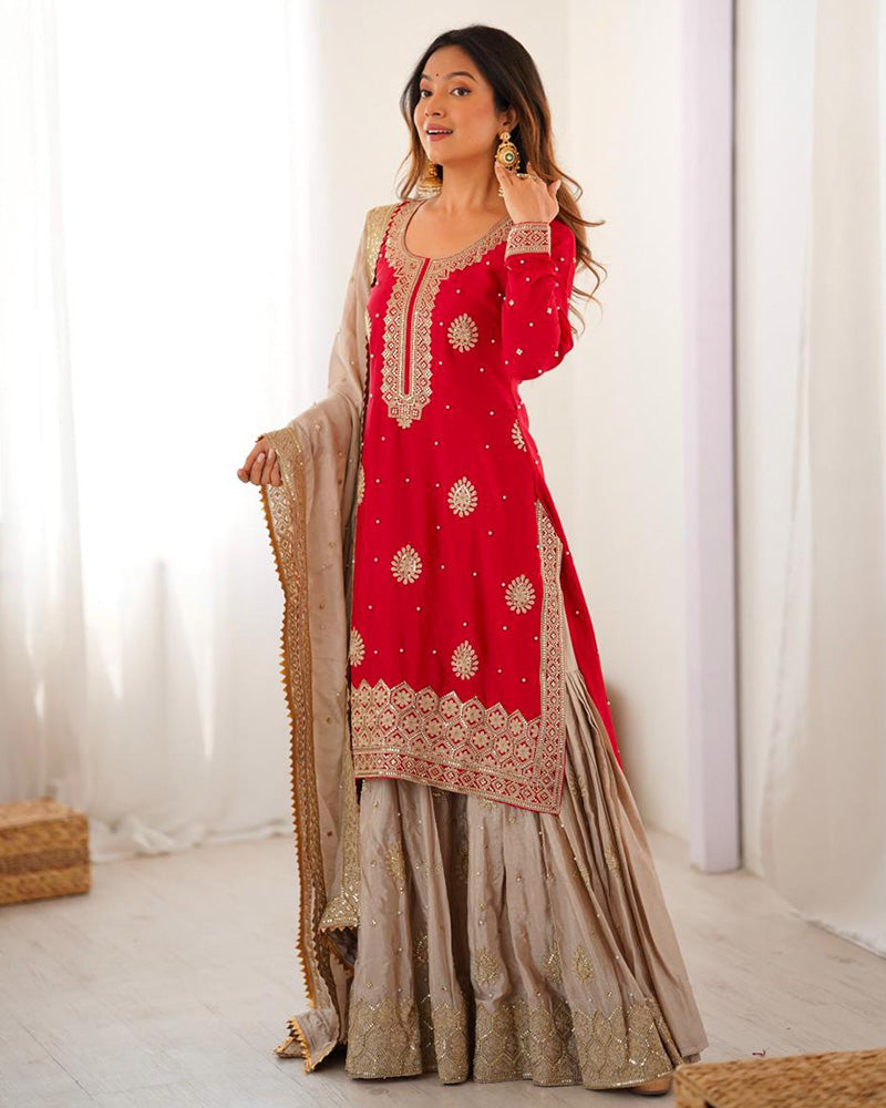 Red Color Chinon Silk Embroidered Sharara Suit - ETHNICDEAL