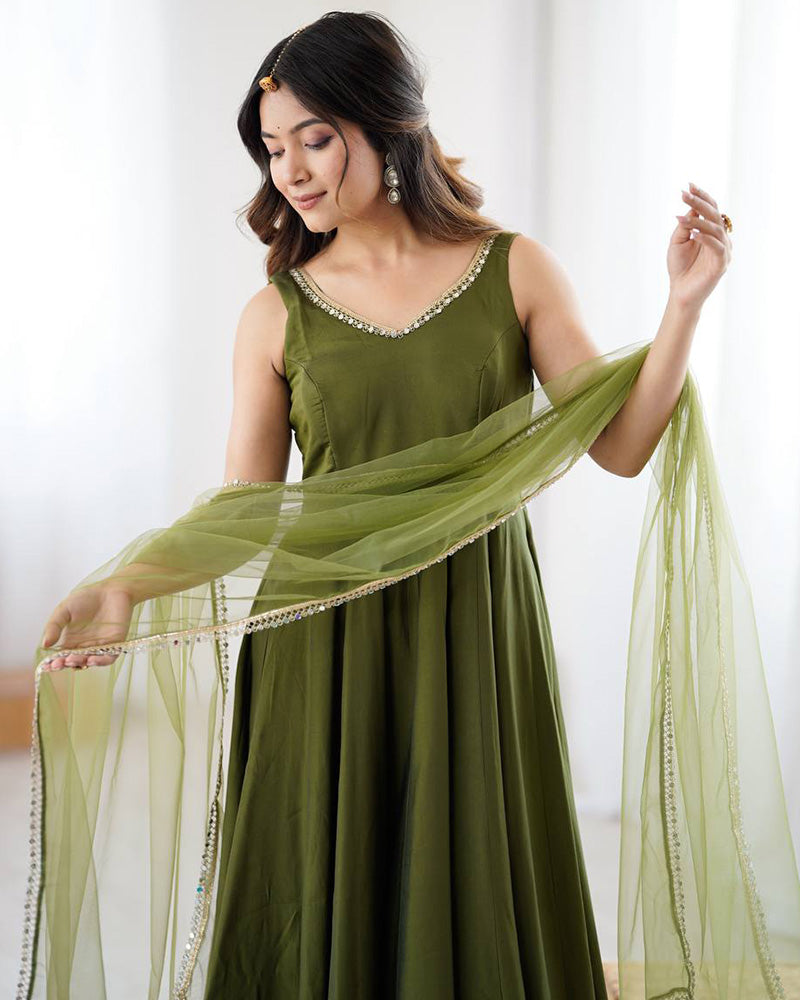 Lovely Mehendi Color Chanderi Pure Roman Silk Anarkali Suit - ETHNICDEAL