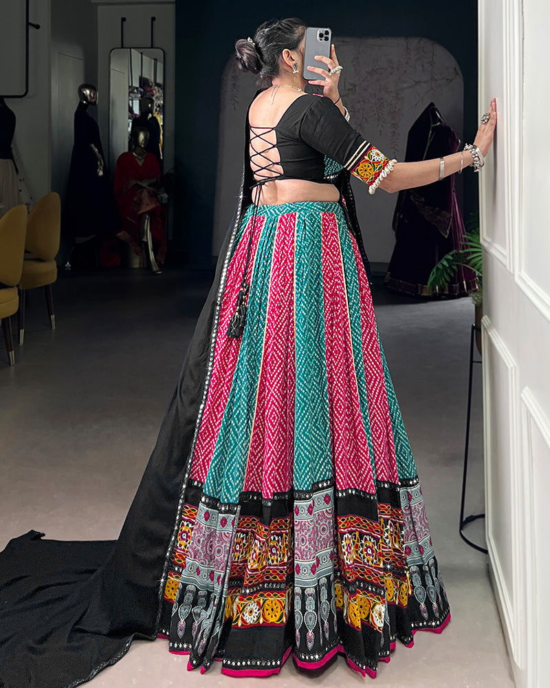 Sky And Pink Bandhej And Ajarakh Print Rayon Navratri Lehenga Choli - ETHNICDEAL