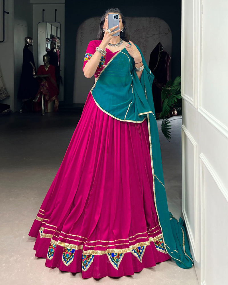 Designer Pink Rayon Lehenga Choli With Traditional Gamthi Patchwork - ETHNICDEAL