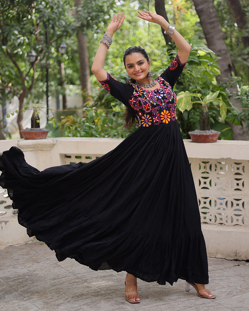 Black Rayon Kutchi Gamthi Embroidered Navratri Gown for Women - ETHNICDEAL