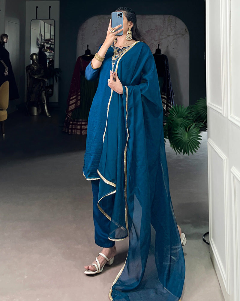 Blue Color Vichitra Silk Three Piece Kurti Suit - ETHNICDEAL