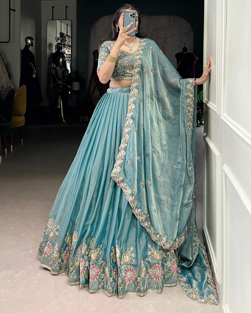 Sky Blue Color Zari Shimmer Thread Embroidered Lehenga Choli - ETHNICDEAL