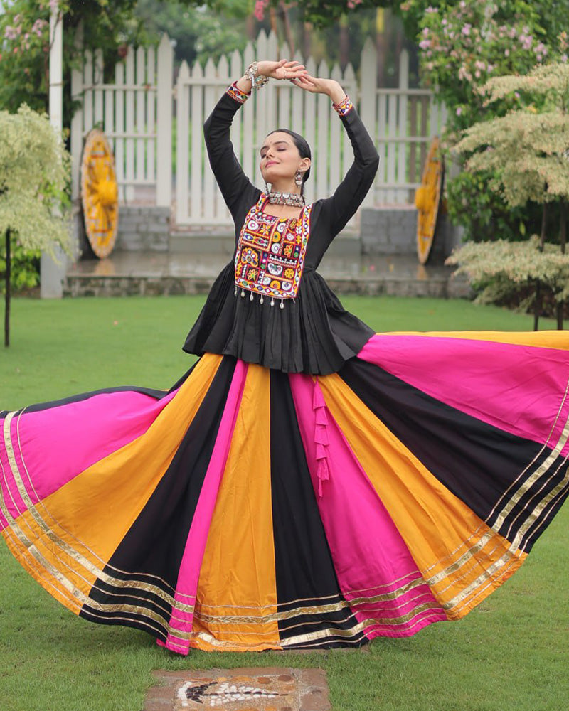 Yellow Pink Color Pure Cotton Navratri Lehenga Choli - ETHNICDEAL