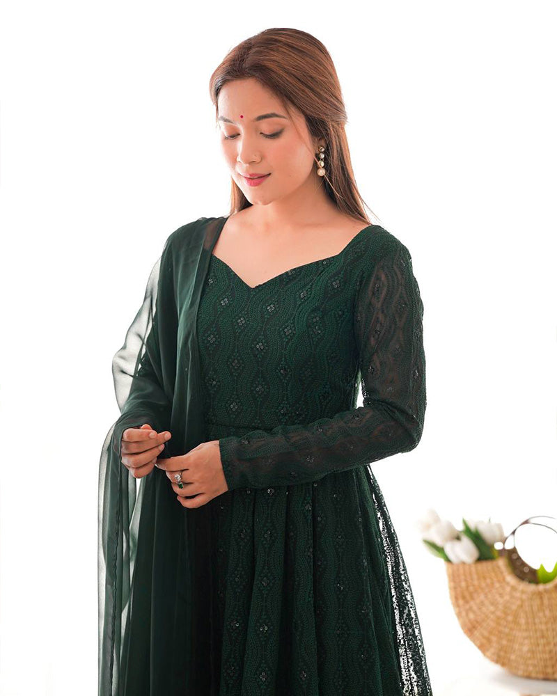 Green Color Georgette Lucknowi Three Piece Anarkali Suit - ETHNICDEAL