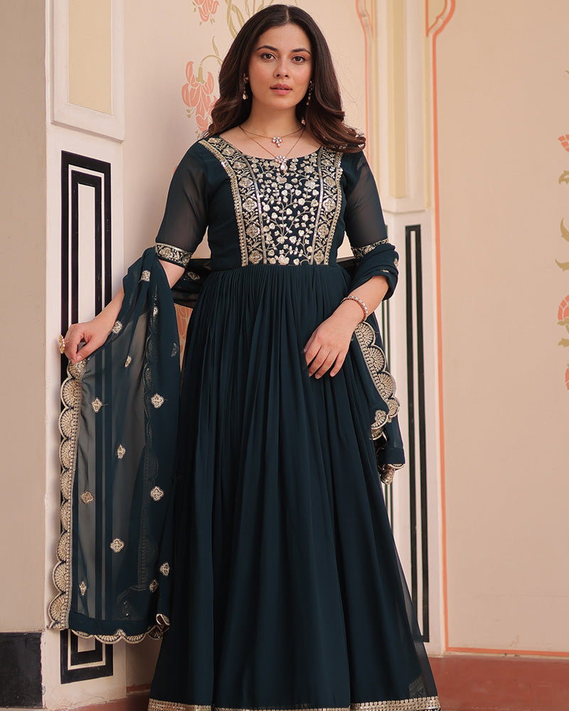 Designer Rama Blue Anarkali Gown with Golden Embroidery - ETHNICDEAL