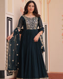 Designer Rama Blue Anarkali Gown with Golden Embroidery - ETHNICDEAL