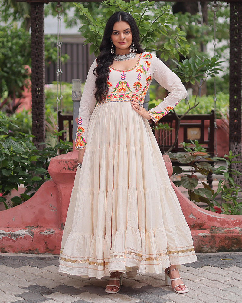 Off-White Kora Cotton Mirror-Embroidered Flared Navratri Gown - ETHNICDEAL