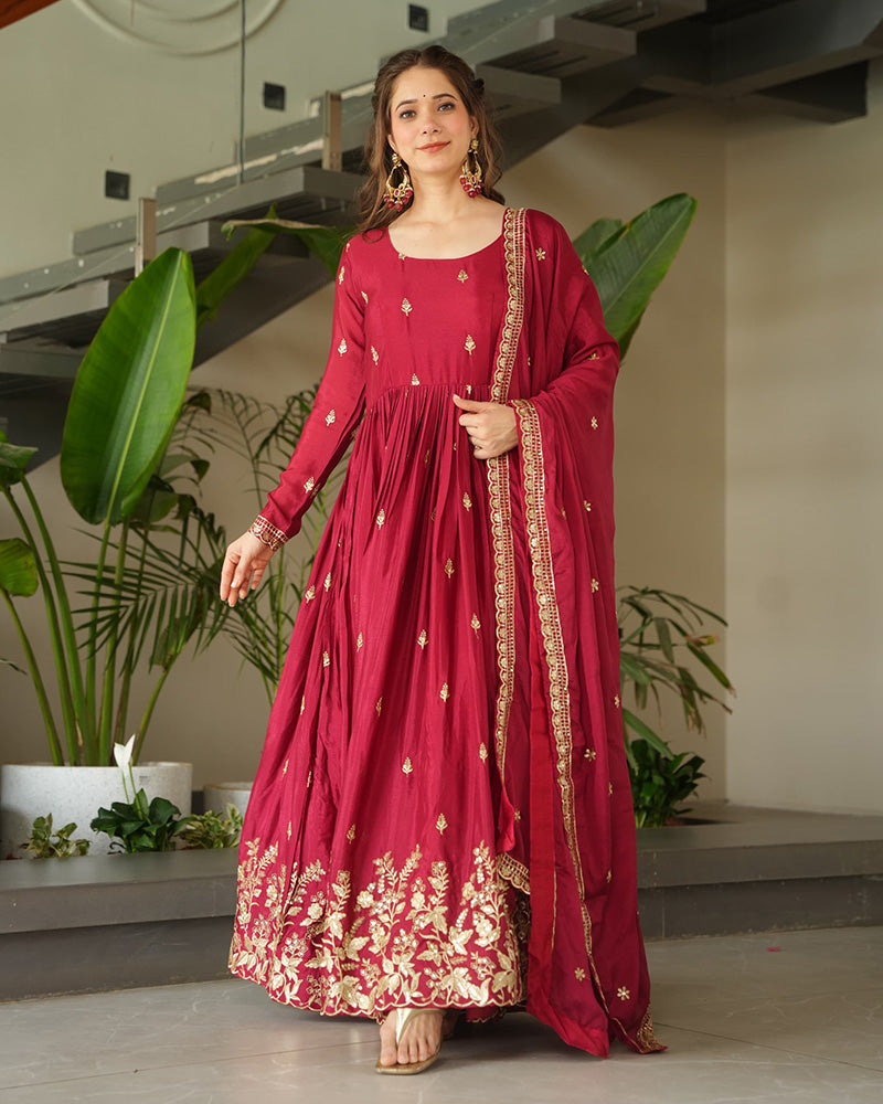 Red Color Chinnon Sequence Embroidered Gown - ETHNICDEAL