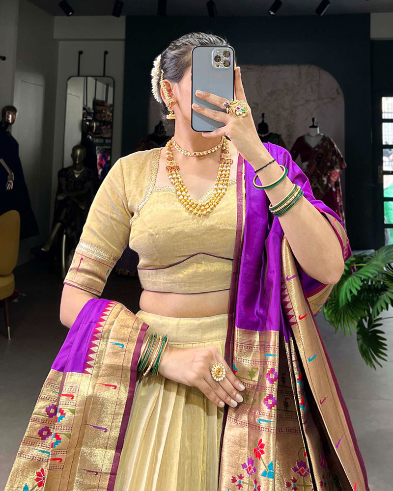 Cream Color Erode Paithani Silk Lehenga Choli - ETHNICDEAL