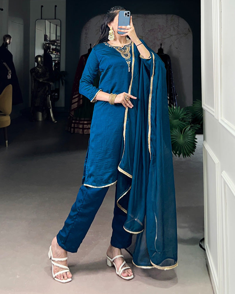 Blue Color Vichitra Silk Three Piece Kurti Suit - ETHNICDEAL
