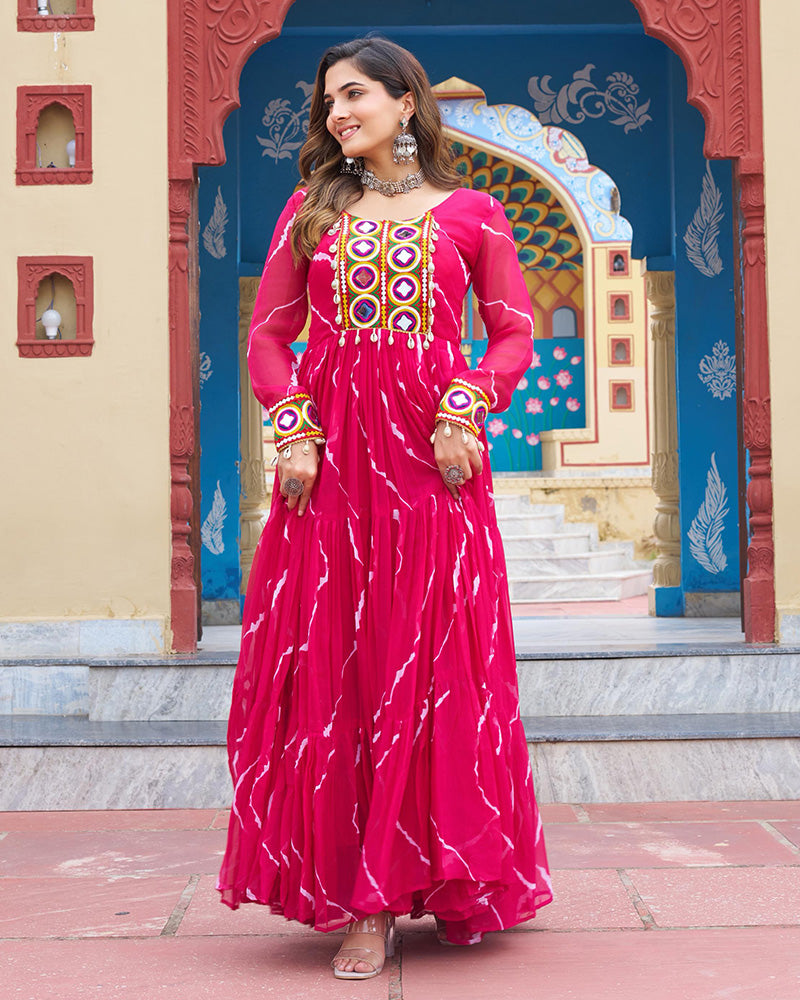 Rani Pink Color Georgette Laheriya Print Navratri Gown - ETHNICDEAL