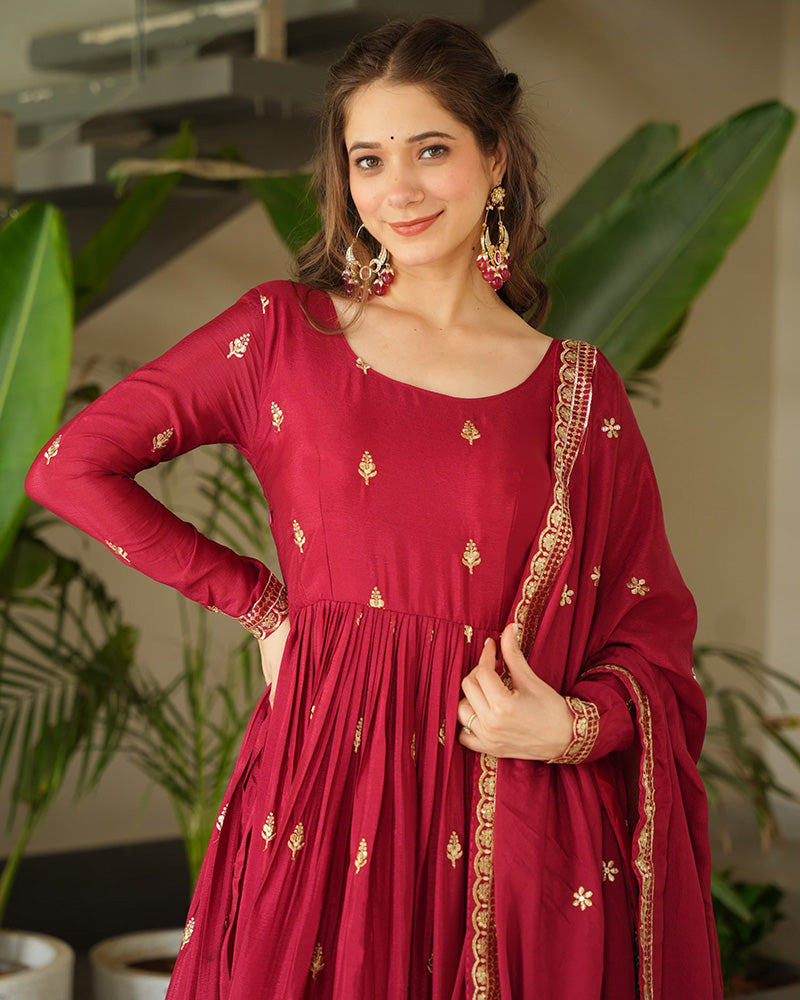 Red Color Chinnon Sequence Embroidered Gown - ETHNICDEAL