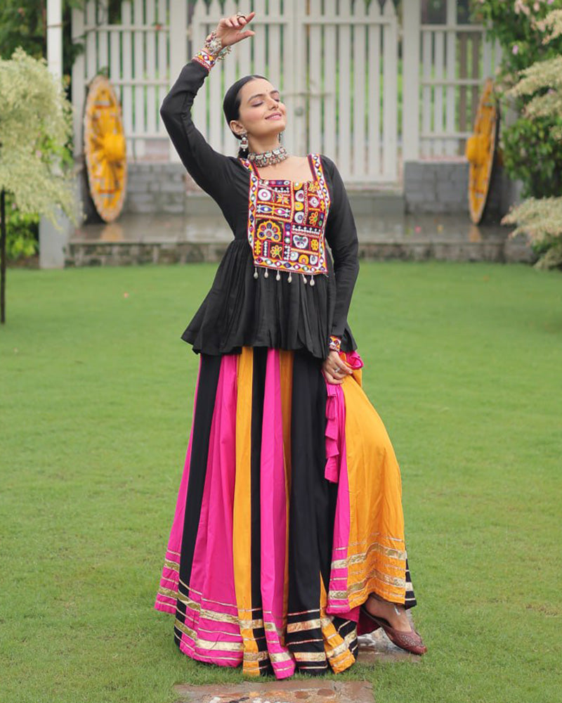 Yellow Pink Color Pure Cotton Navratri Lehenga Choli - ETHNICDEAL