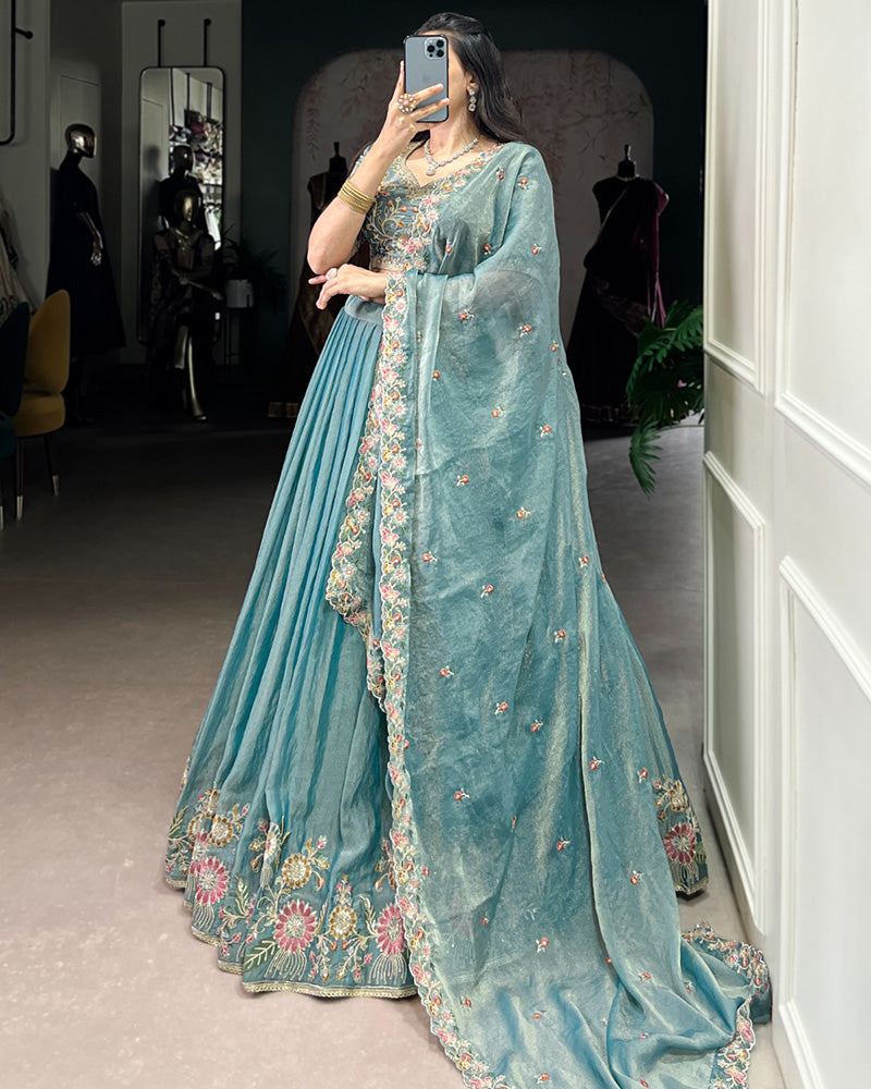 Sky Blue Color Zari Shimmer Thread Embroidered Lehenga Choli - ETHNICDEAL