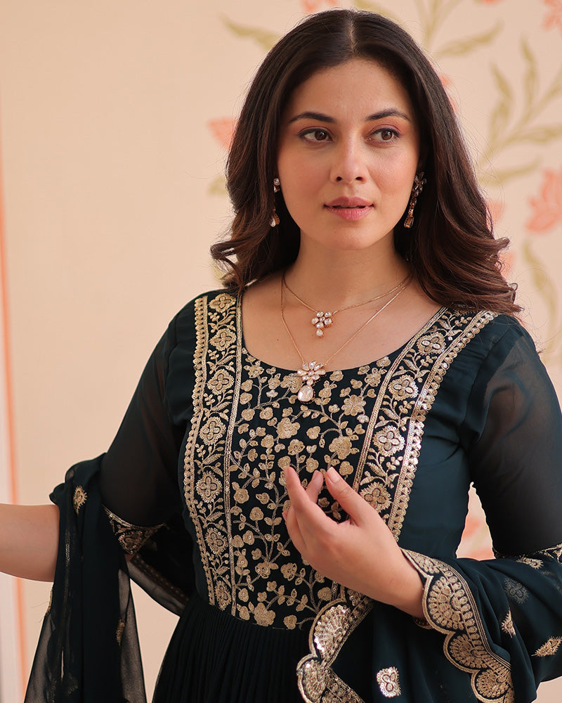 Designer Rama Blue Anarkali Gown with Golden Embroidery - ETHNICDEAL