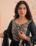 Designer Rama Blue Anarkali Gown with Golden Embroidery - ETHNICDEAL