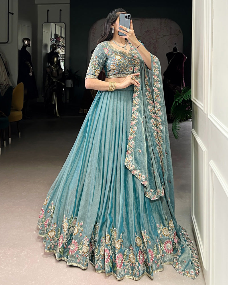 Sky Blue Color Zari Shimmer Thread Embroidered Lehenga Choli - ETHNICDEAL